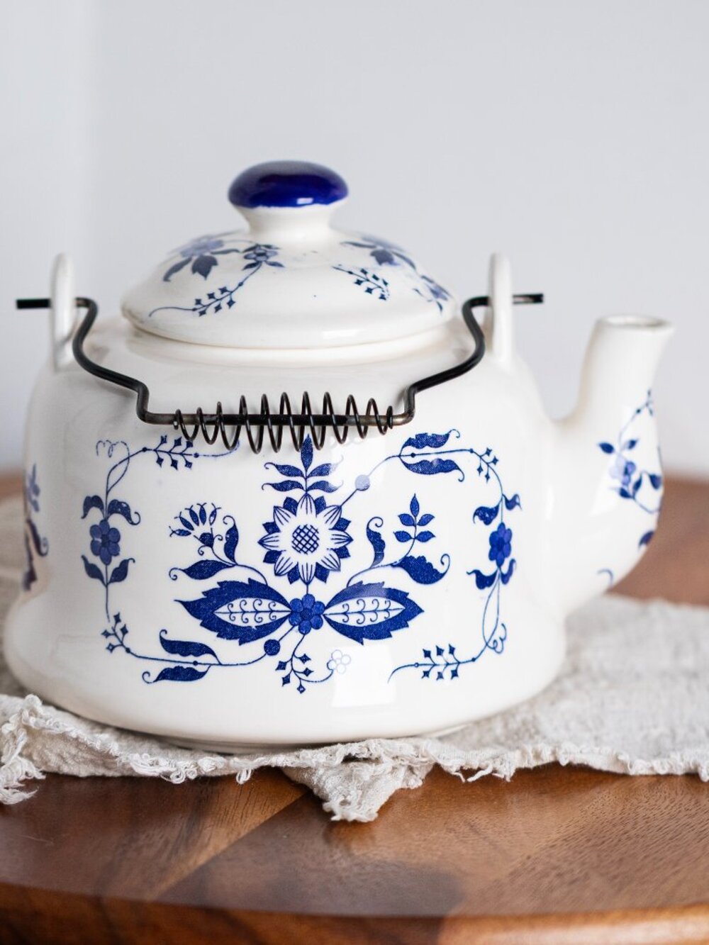 Vintage Blue White Teapot Made in Japan | Floral Ceramic Tea Pot with Metal